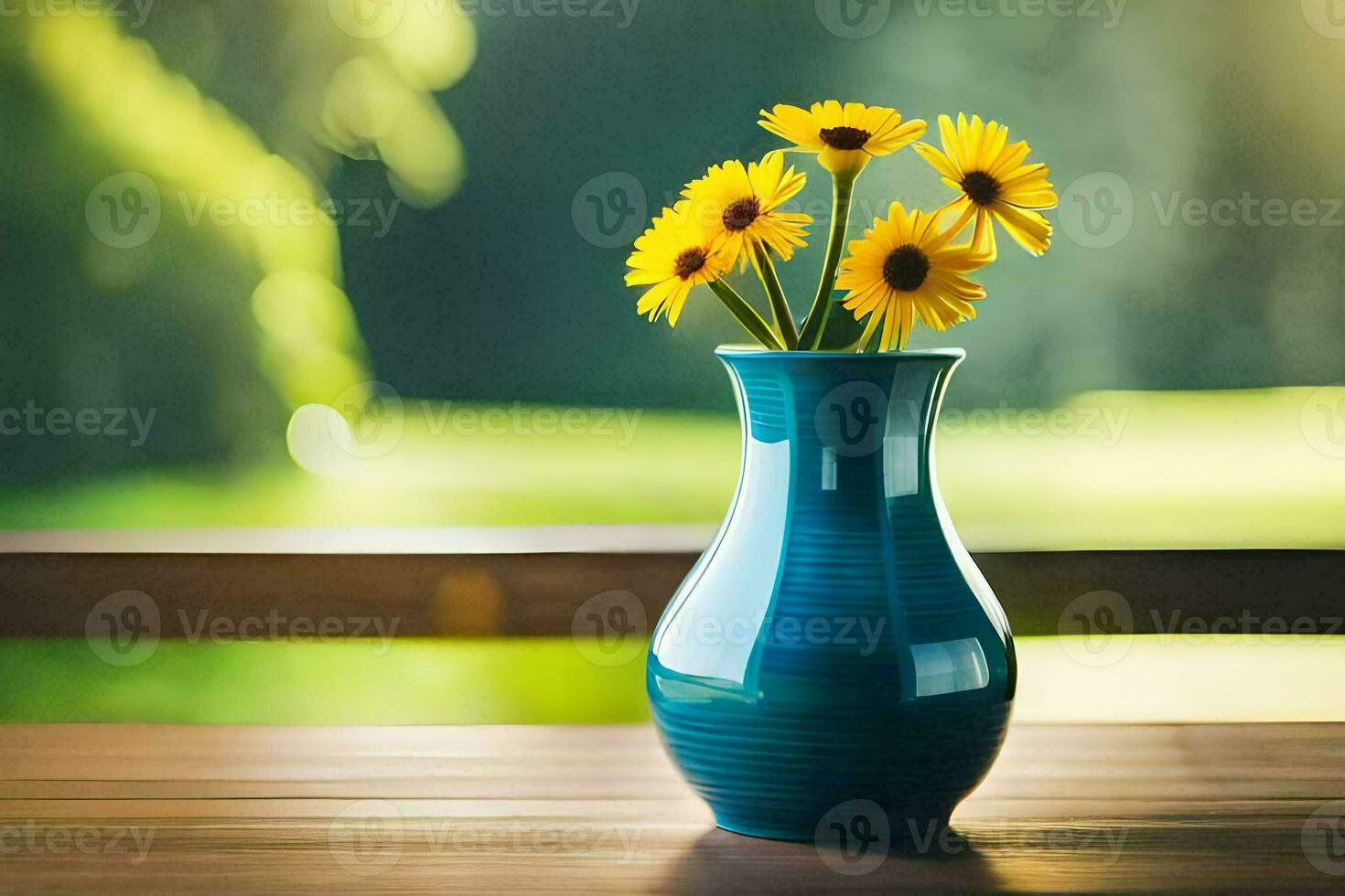 Sonnenblumen im ein Blau Vase auf ein hölzern Tisch. KI-generiert foto