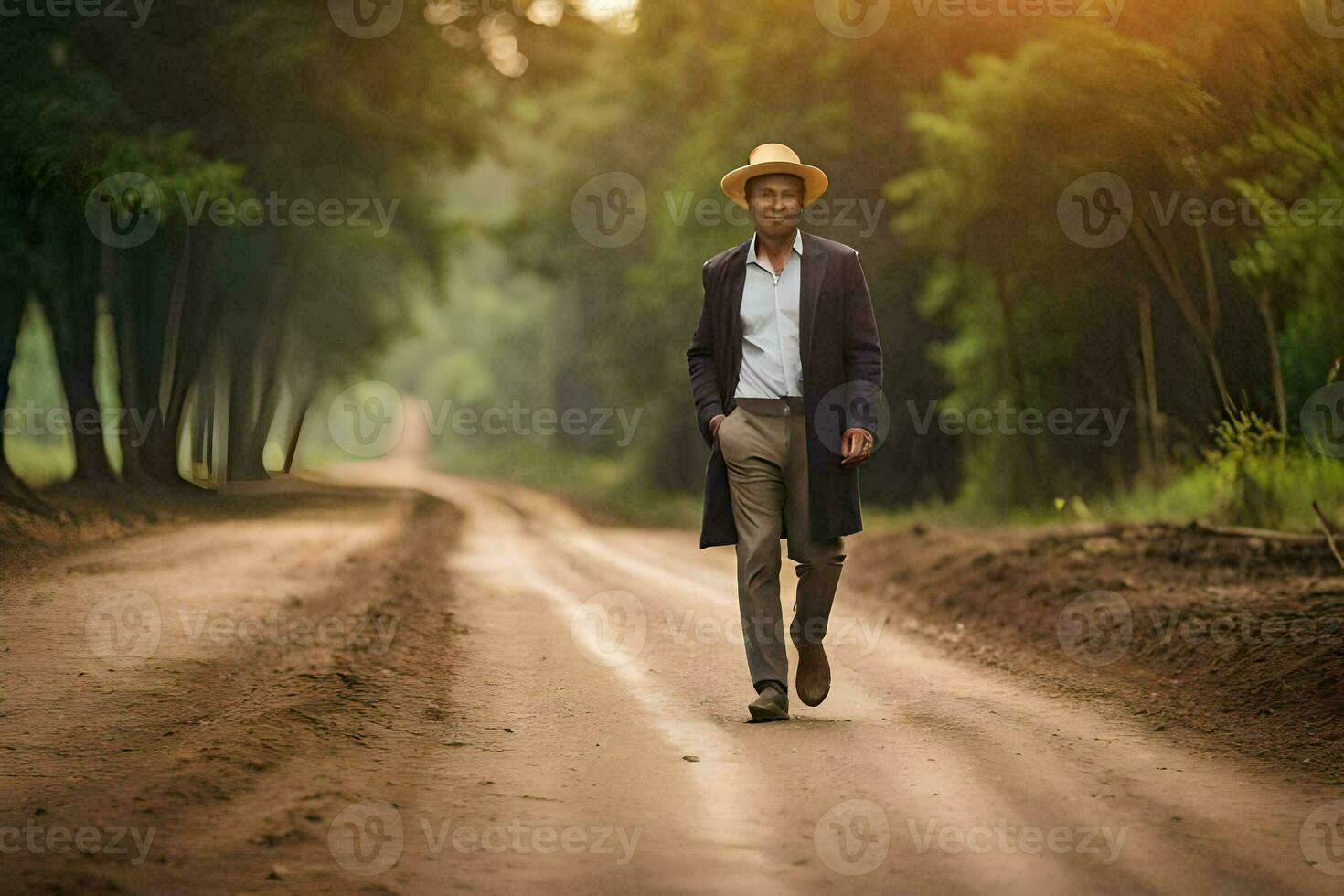 ein Mann im ein Hut und Mantel Gehen Nieder ein Schmutz Straße. KI-generiert foto