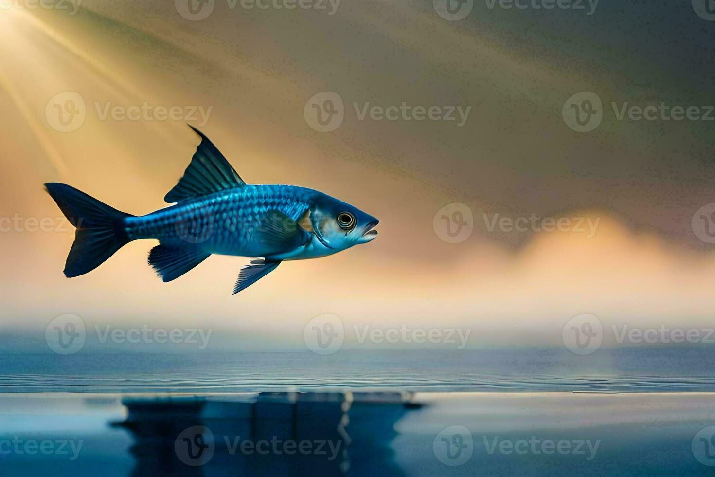 ein Fisch ist fliegend Über das Wasser mit das Sonne leuchtenden. KI-generiert foto