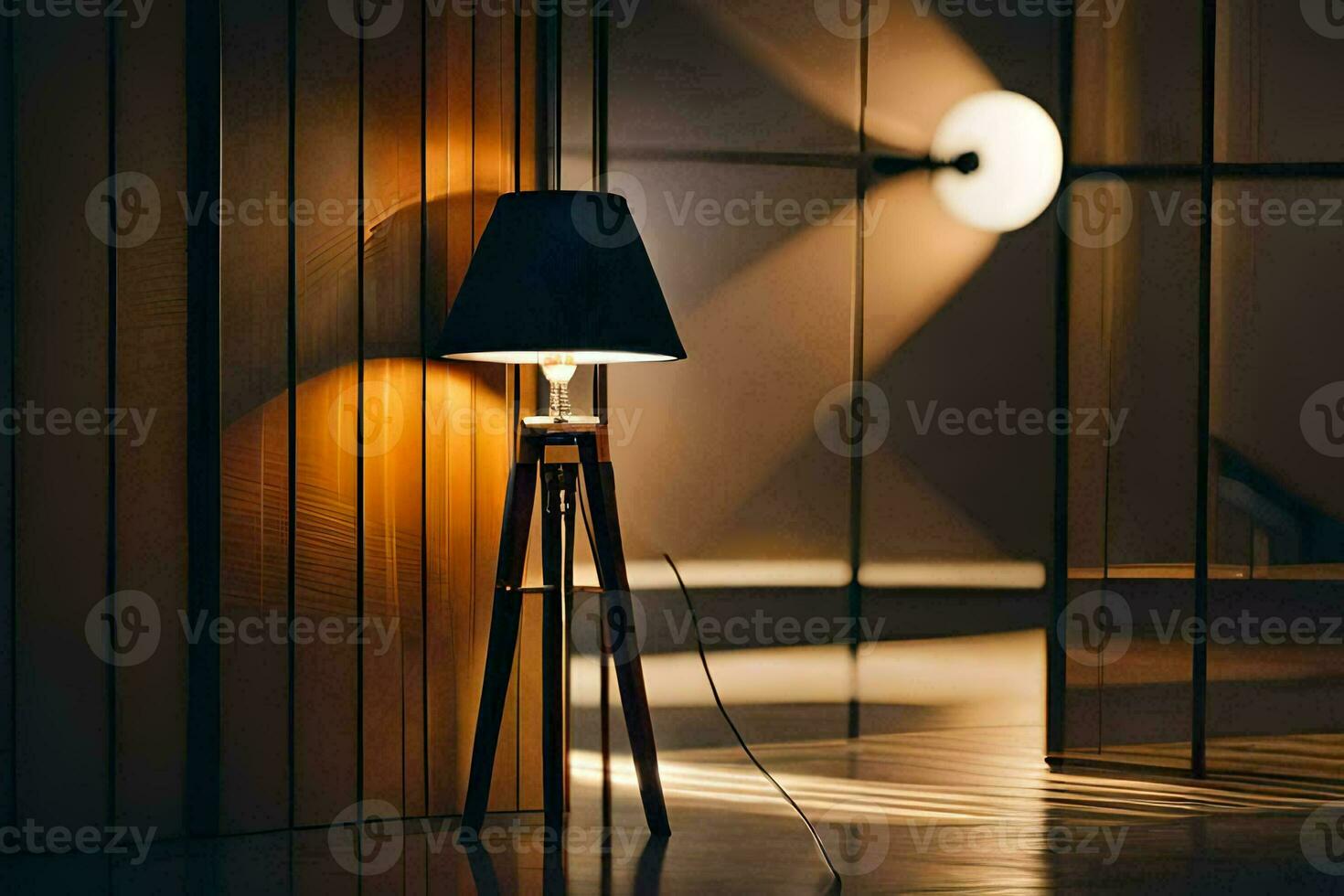 ein Lampe auf ein hölzern Stativ im ein dunkel Zimmer. KI-generiert foto