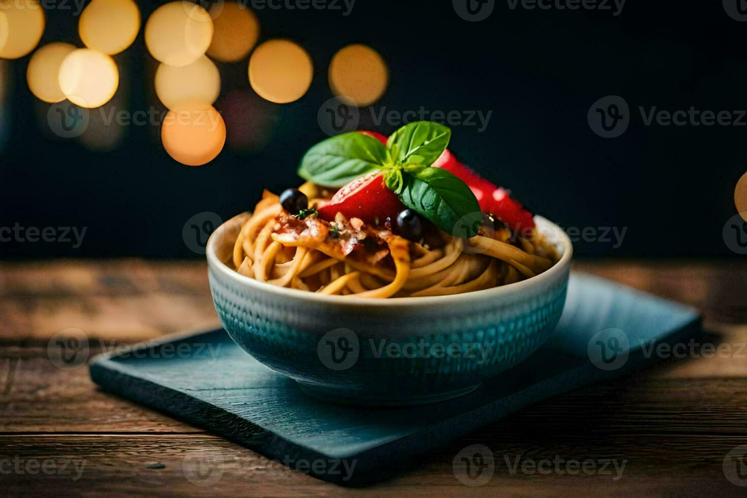 Spaghetti mit Tomate Soße im ein Schüssel auf ein hölzern Tisch. KI-generiert foto
