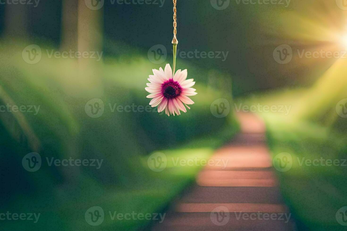 ein Rosa Blume hängend von ein Zeichenfolge im das Mitte von ein Weg. KI-generiert foto