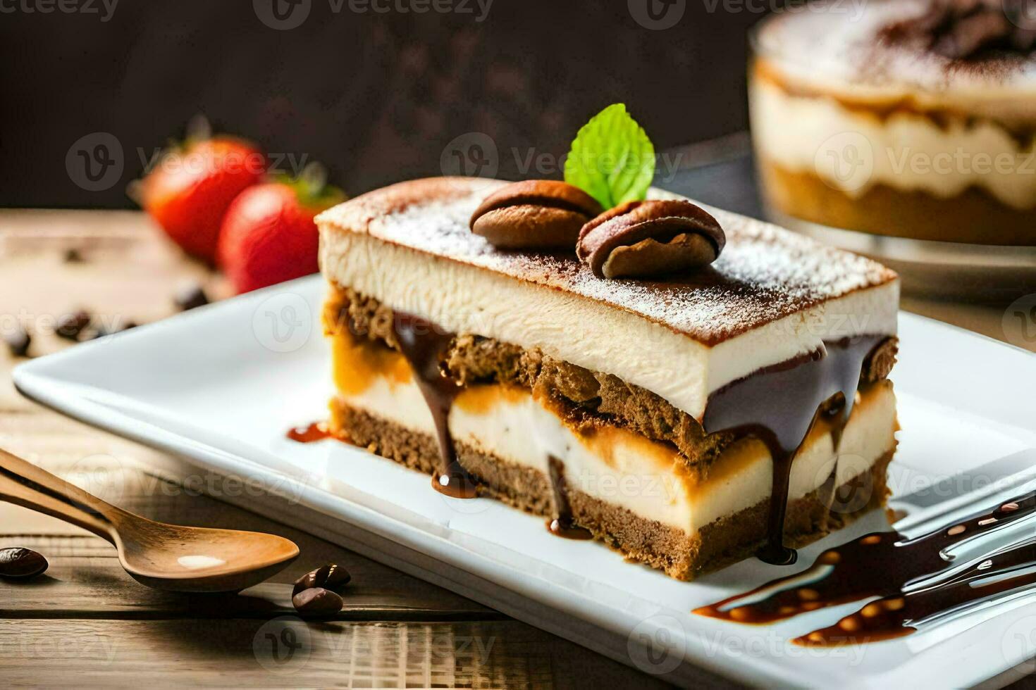 ein Stück von Kuchen mit Schokolade und Karamell auf ein Weiß Platte. KI-generiert foto