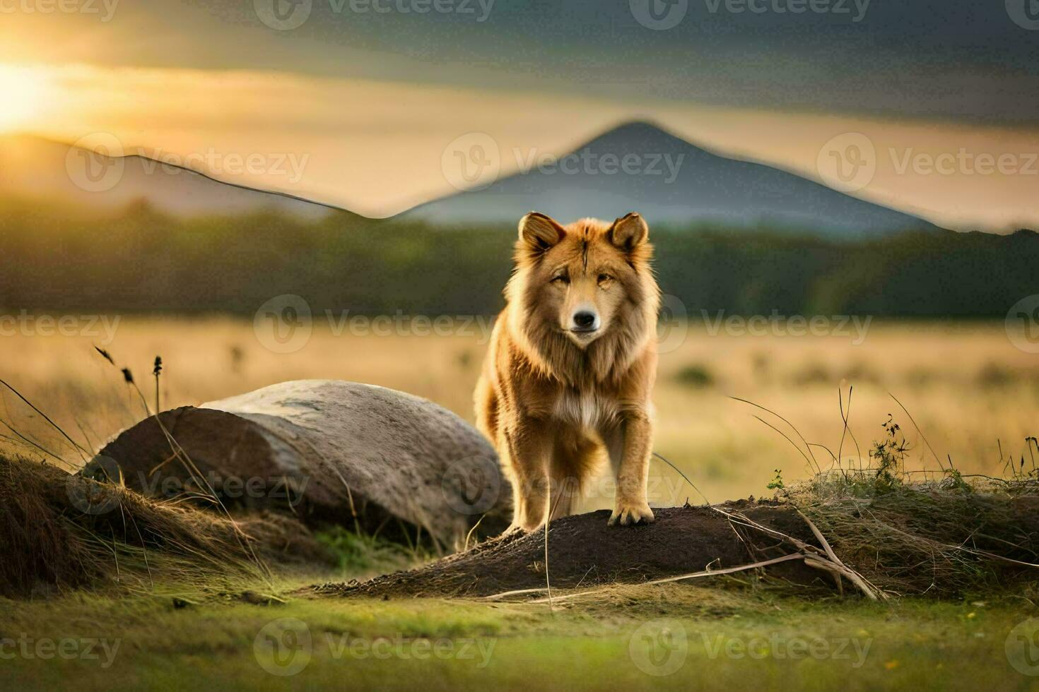 ein Hund Stehen auf ein Felsen im ein Feld beim Sonnenuntergang. KI-generiert foto