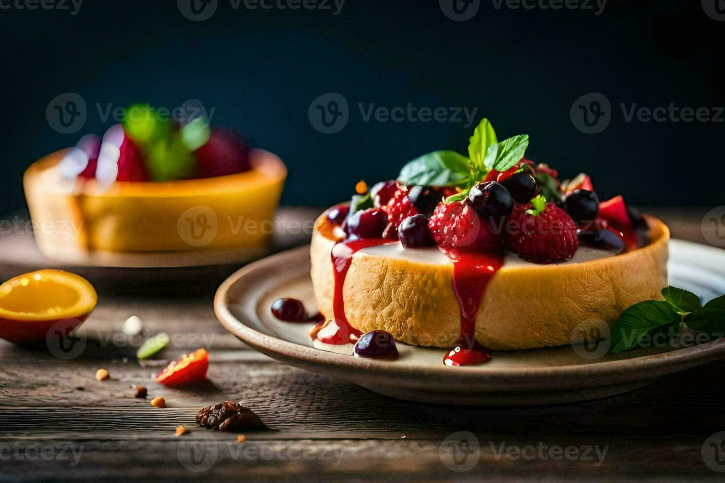 ein Käsekuchen mit Beeren und Minze Blätter auf ein Platte. KI-generiert foto