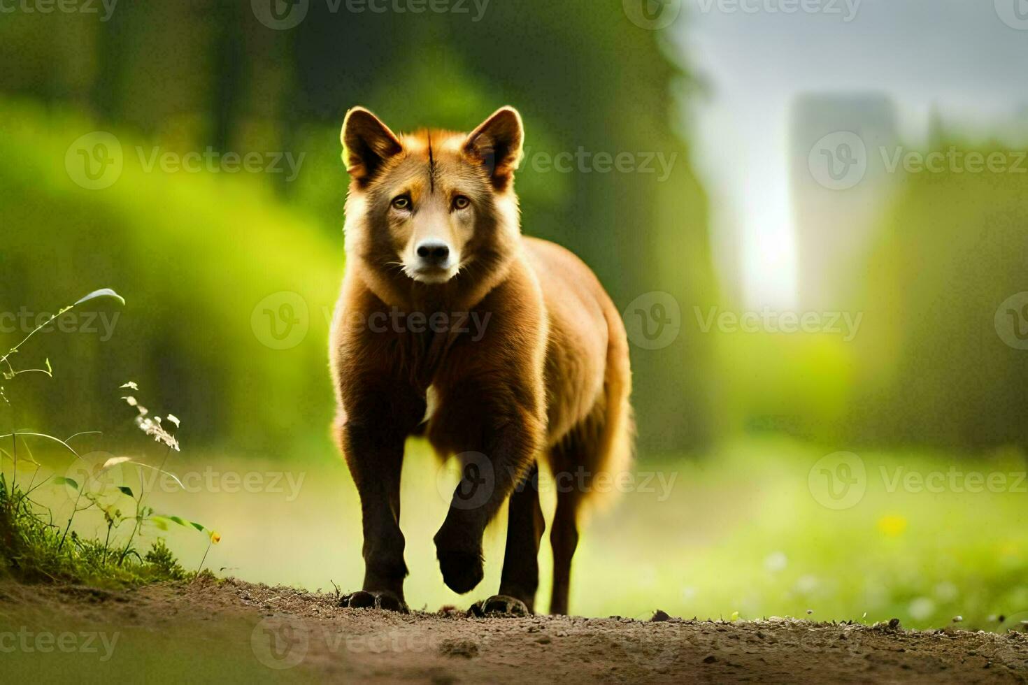 ein rot Hund Gehen auf ein Schmutz Straße. KI-generiert foto