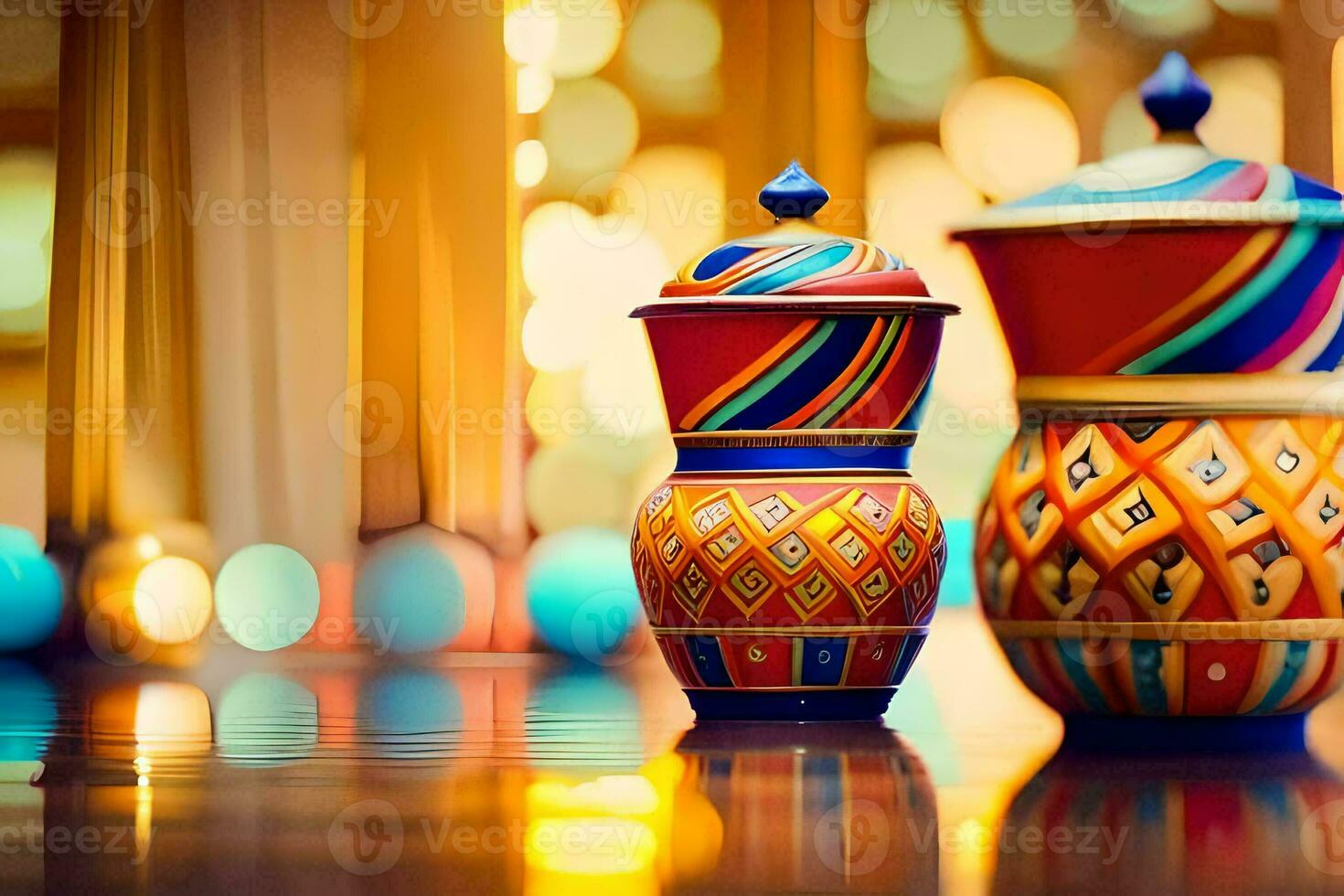 zwei bunt Vasen sitzen auf ein Tabelle im Vorderseite von ein bunt Hintergrund. KI-generiert foto