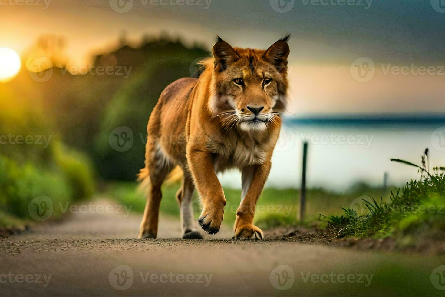 ein Löwe Gehen Nieder ein Straße beim Sonnenuntergang. KI-generiert foto