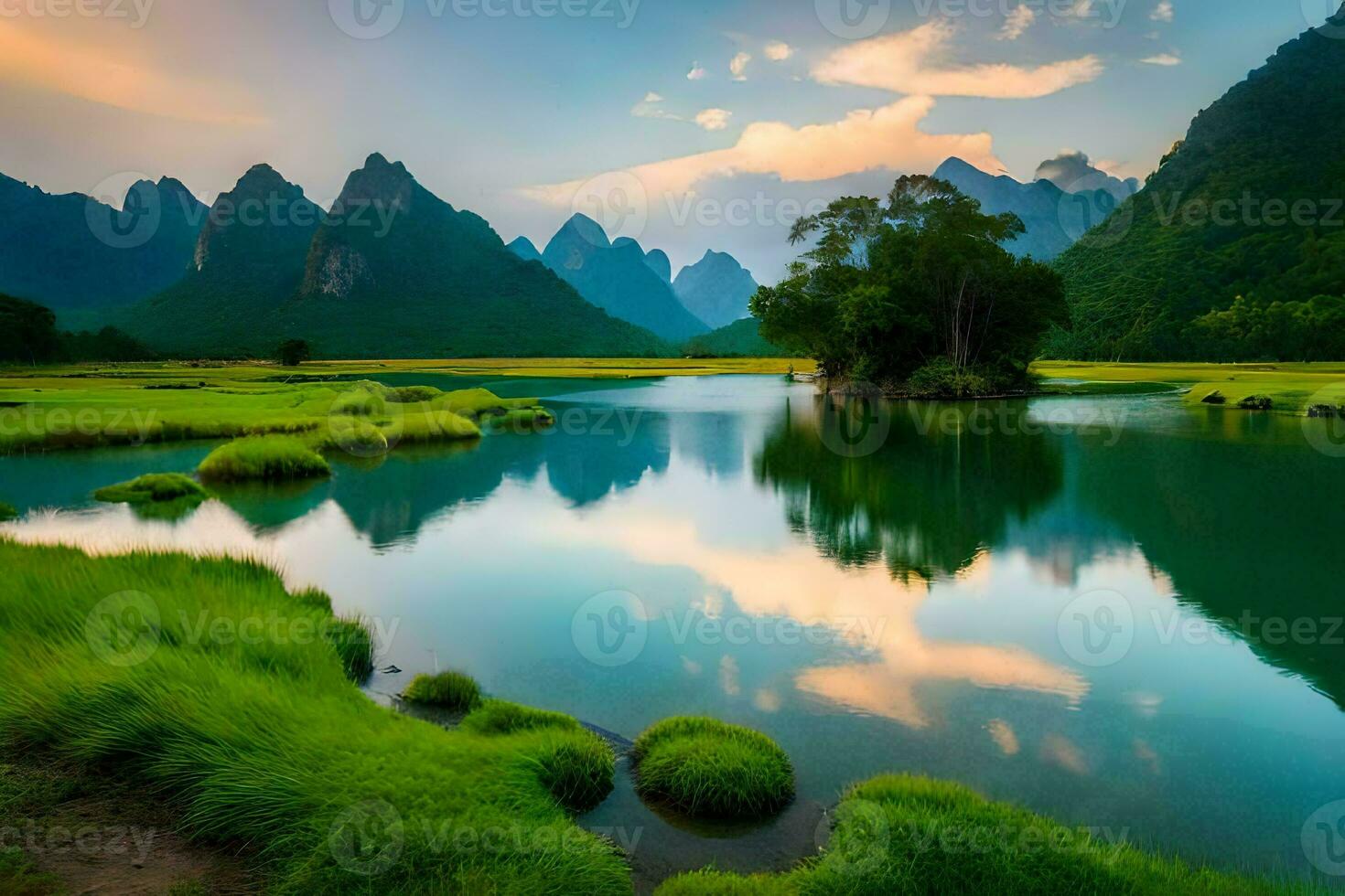 das Berge sind reflektiert im das Wasser. KI-generiert foto