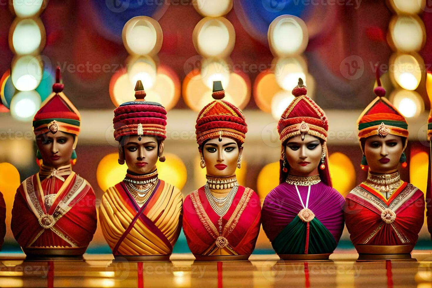 indisch Puppen im ein Reihe auf ein hölzern Tisch. KI-generiert foto