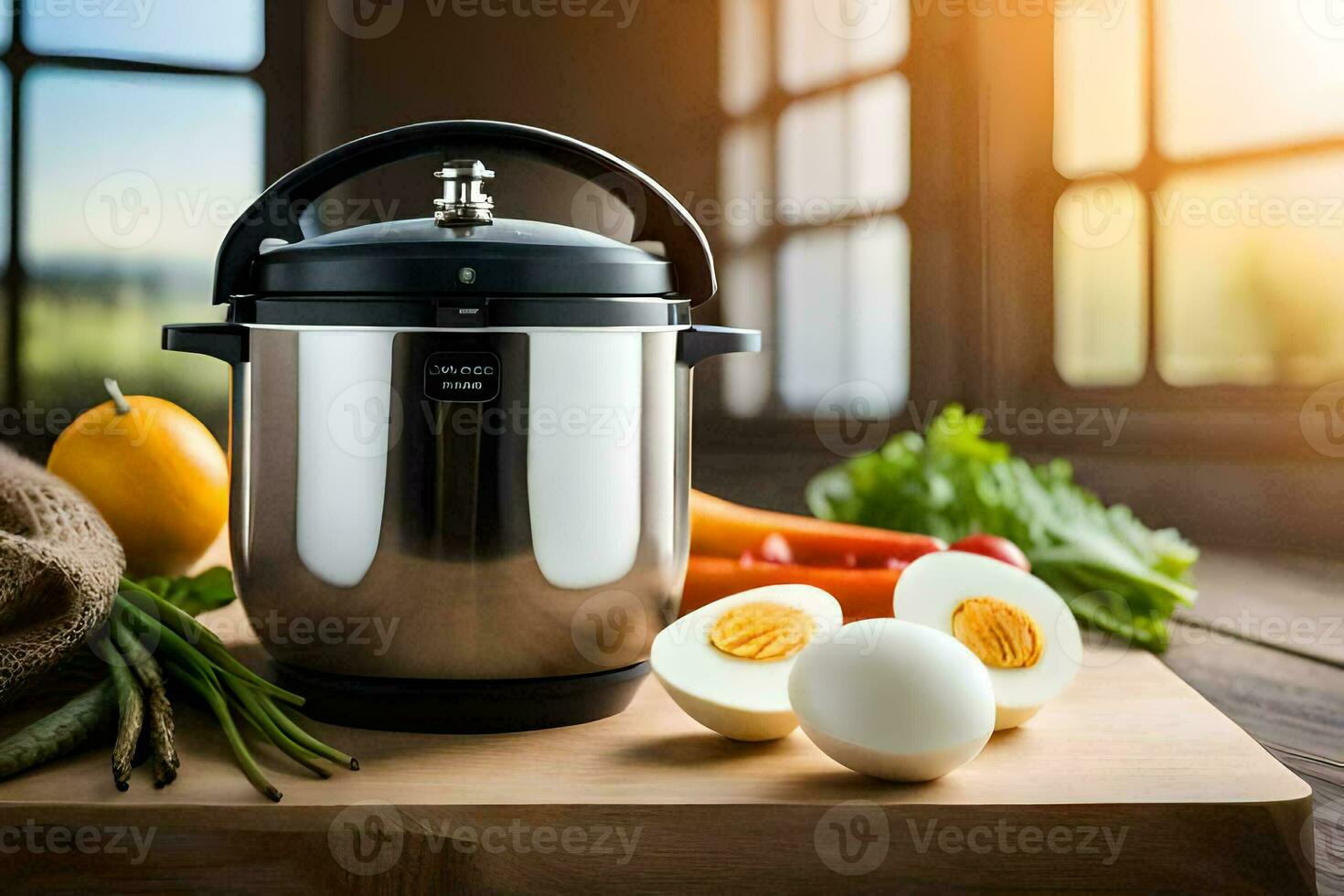 ein elektrisch Druck Kocher mit Eier und Gemüse. KI-generiert foto