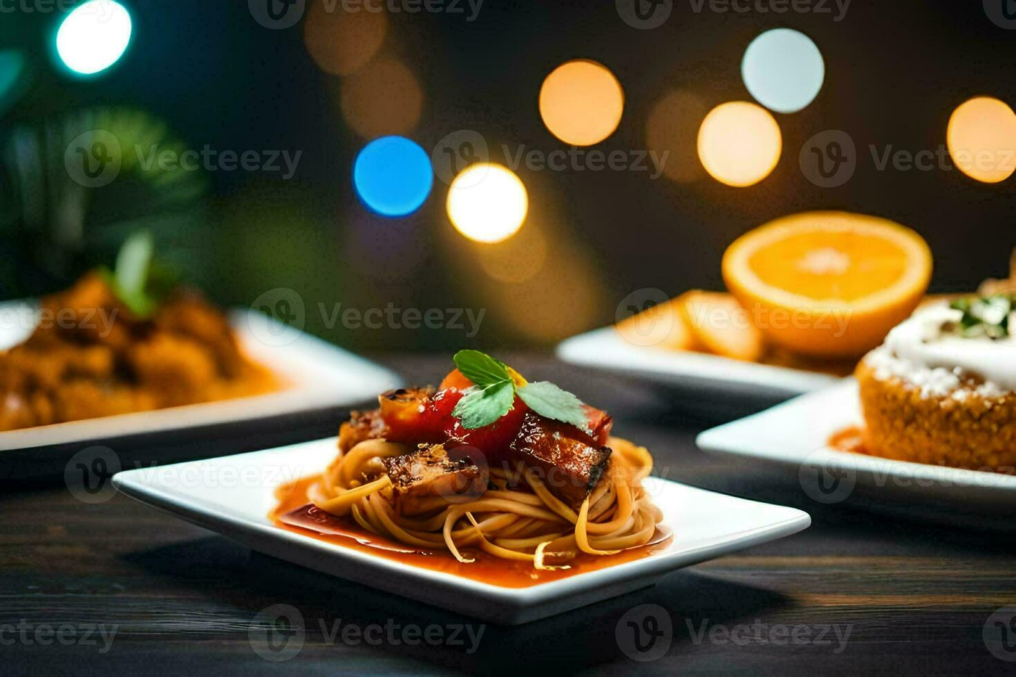 drei Platten von Essen mit Beleuchtung im das Hintergrund. KI-generiert foto