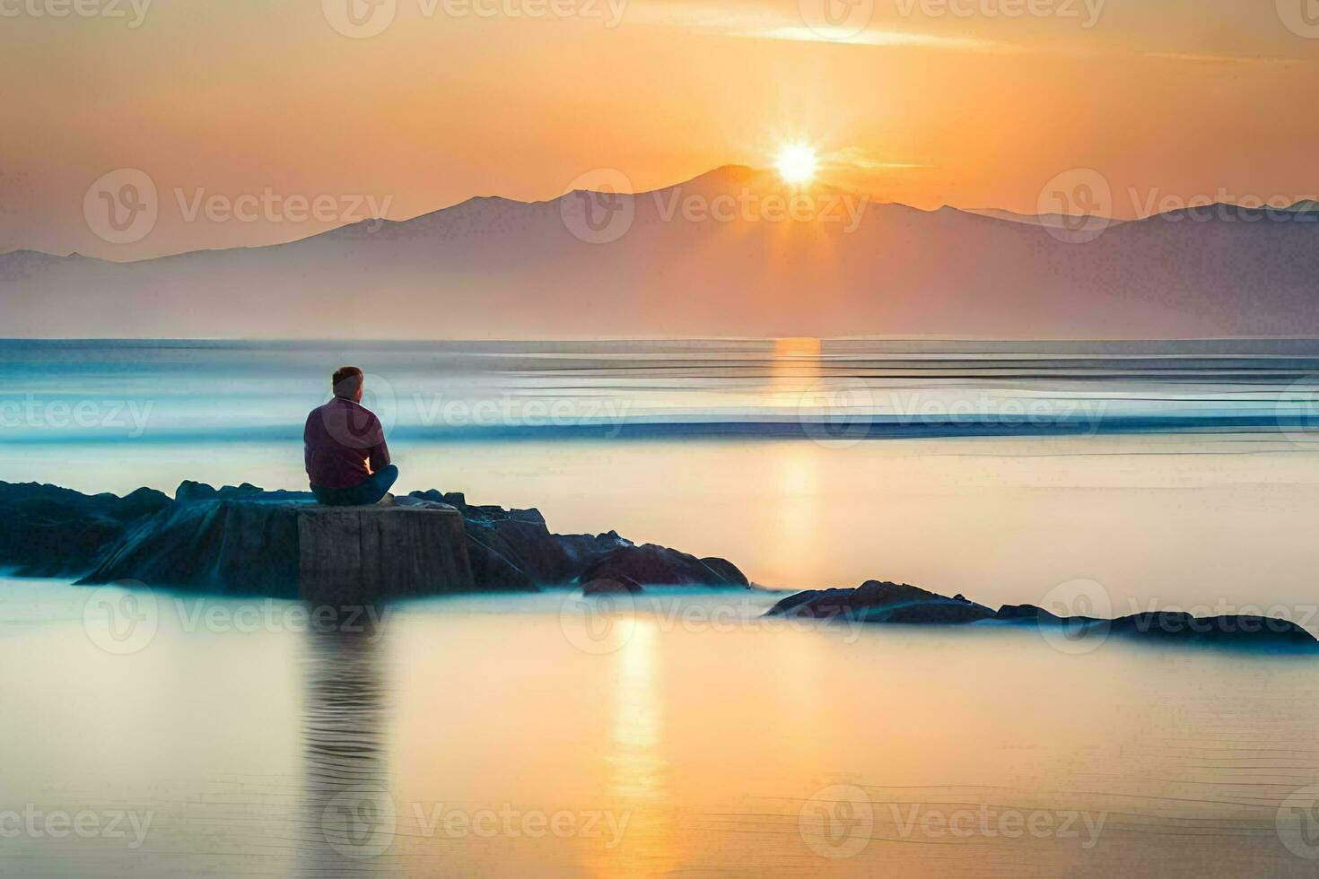 ein Mann Sitzung auf Felsen beim das Strand beim Sonnenuntergang. KI-generiert foto