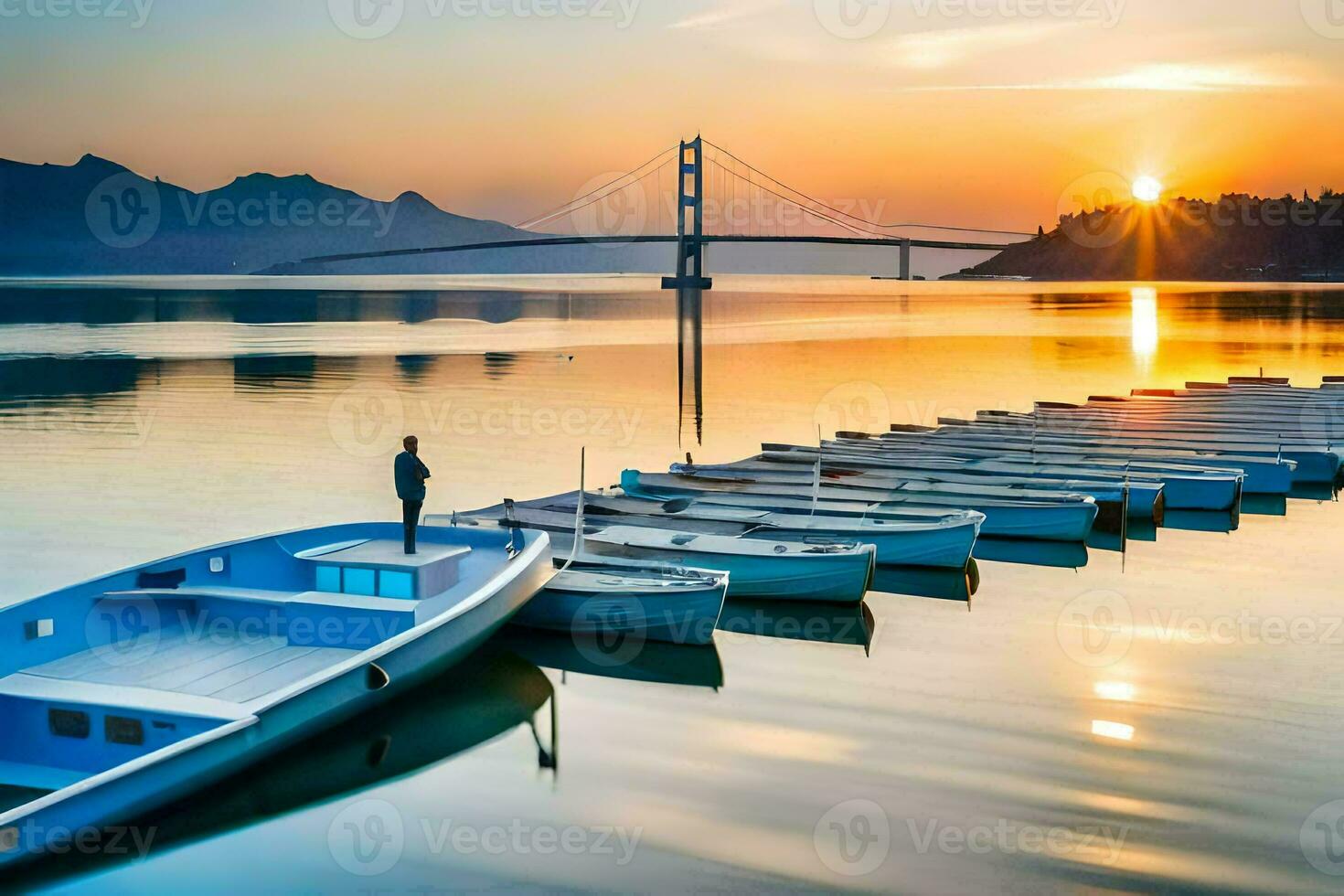 Boote angedockt beim das Ufer von ein See mit ein Brücke im das Hintergrund. KI-generiert foto