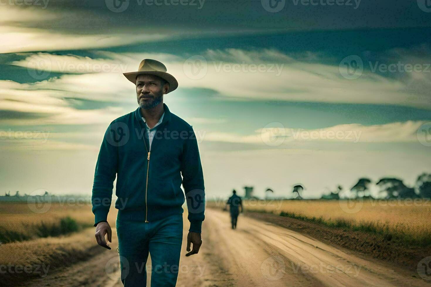 ein Mann im ein Hut Spaziergänge Nieder ein Schmutz Straße. KI-generiert foto