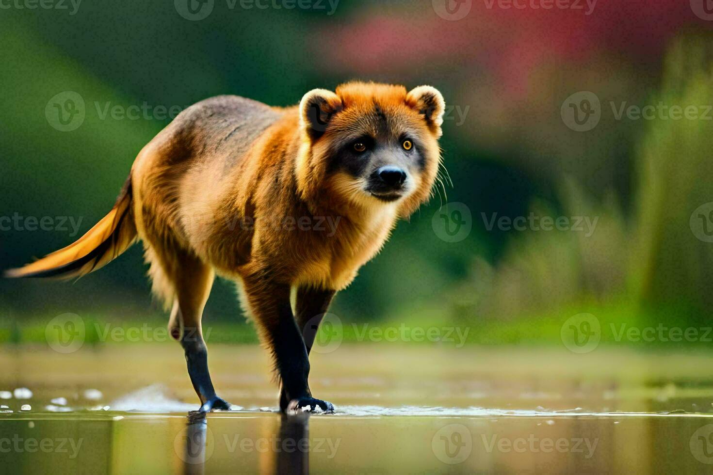 ein braun Bär Gehen über ein nass Feld. KI-generiert foto