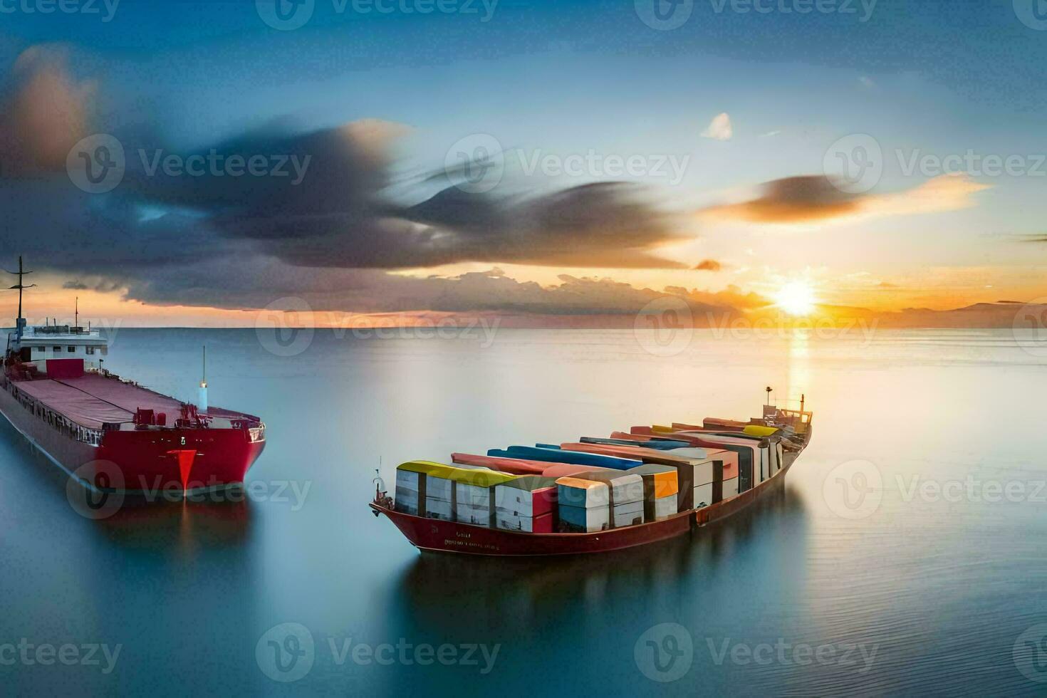 zwei Ladung Schiffe im das Ozean beim Sonnenuntergang. KI-generiert foto