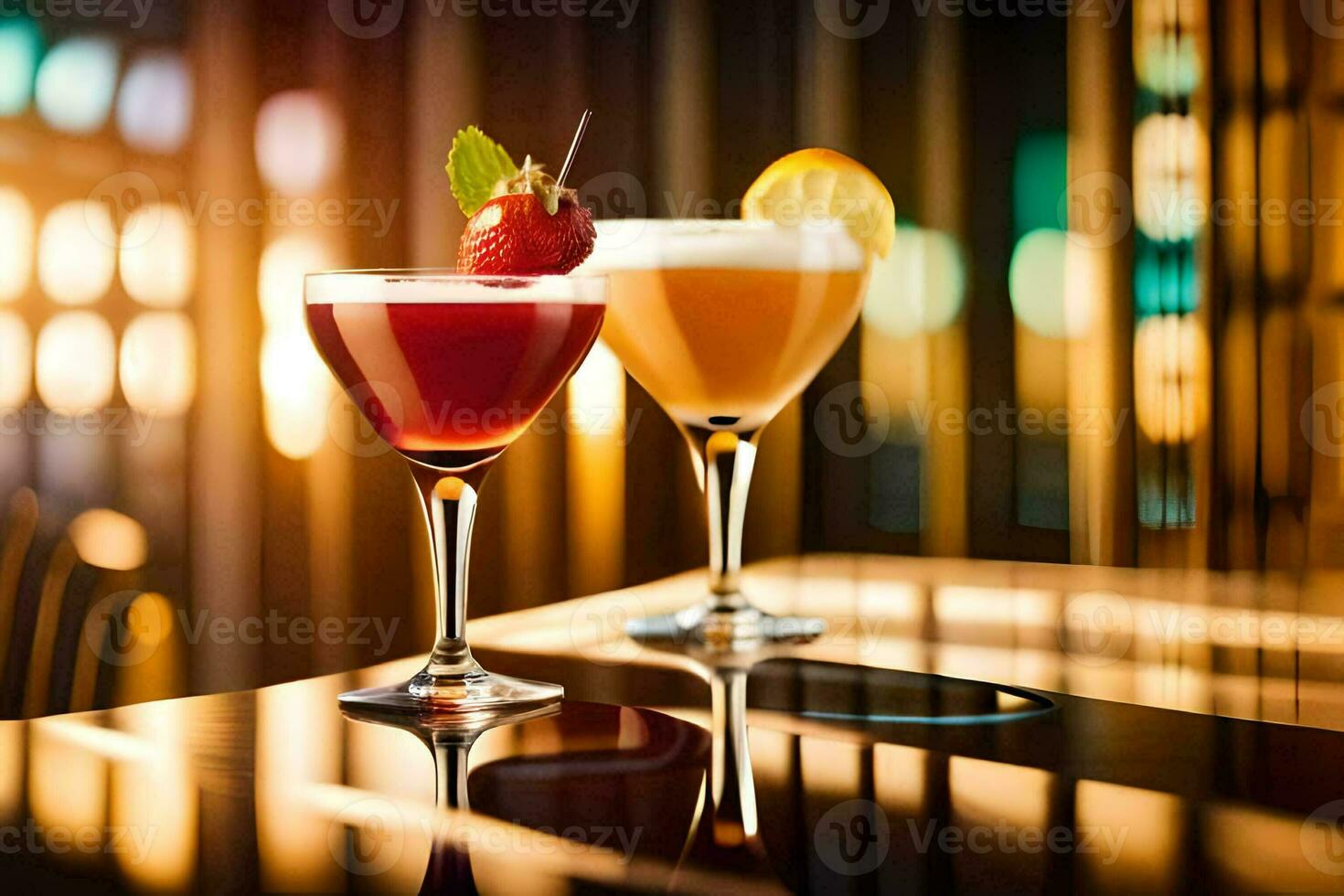 zwei Cocktails sitzen auf ein Tabelle mit ein Licht hinter ihnen. KI-generiert foto