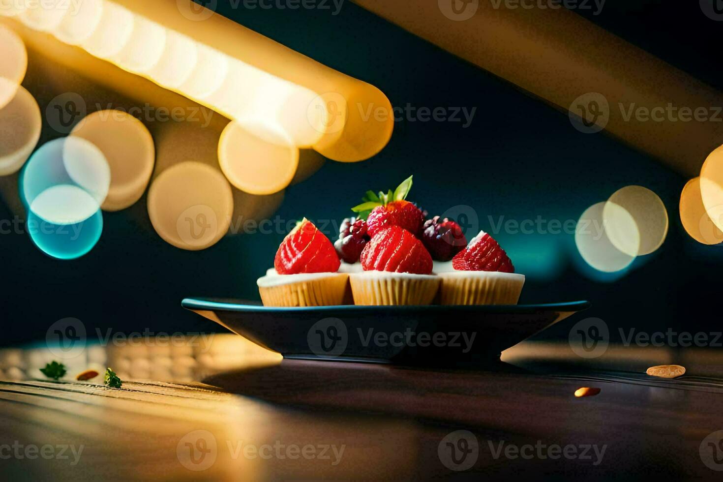 ein Teller mit Cupcakes und Beeren auf ein Tisch. KI-generiert foto