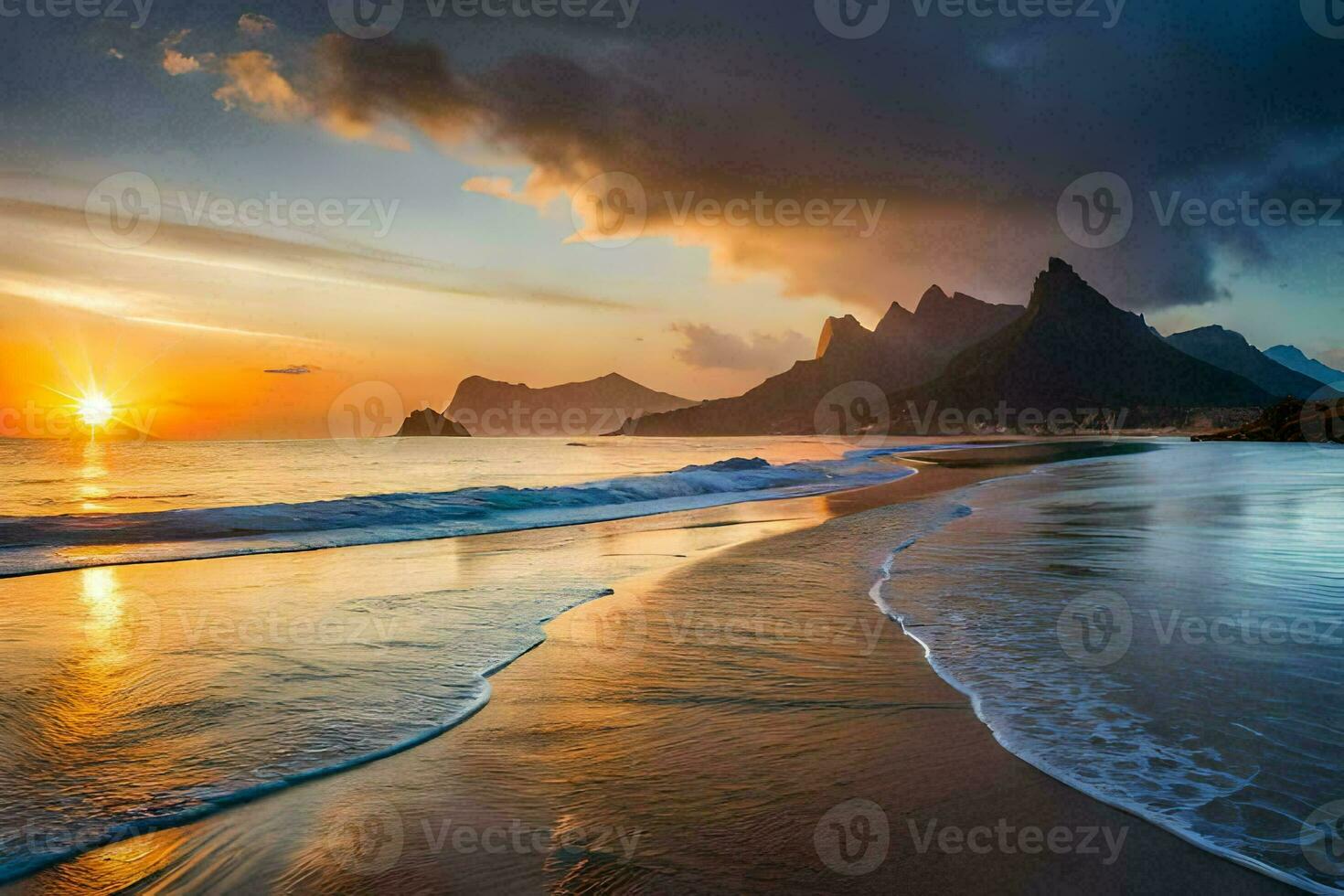 das Sonne setzt Über das Ozean und Berge im diese schön Foto. KI-generiert foto