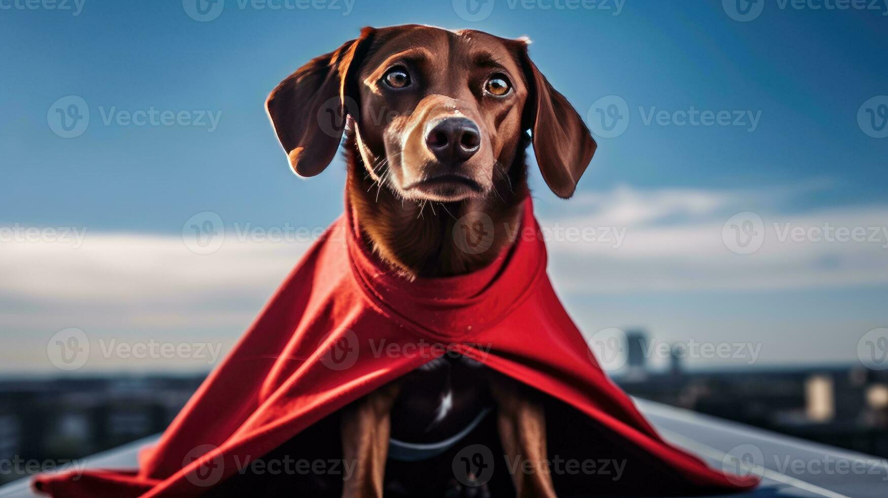 Porträt von ein Hund gekleidet wie ein Superheld mit ein rot Kap foto