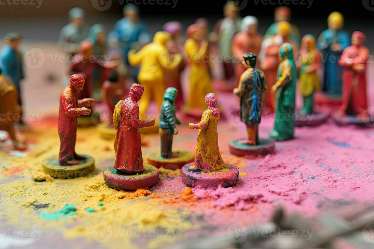 indisch Urlaub holi Diorama. Miniatur farbig Menschen mit Farben feiern das Hindu Anfang von Frühling. hell bunt Konzept erstellt mit generativ ai Technologie foto