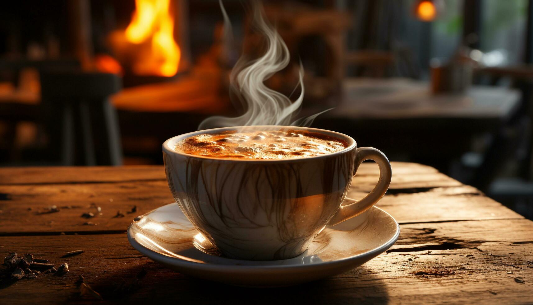 aromatisch Kaffee Tasse auf rustikal Tisch, Dampf erhebt sich, einladend Entspannung generiert durch ai foto