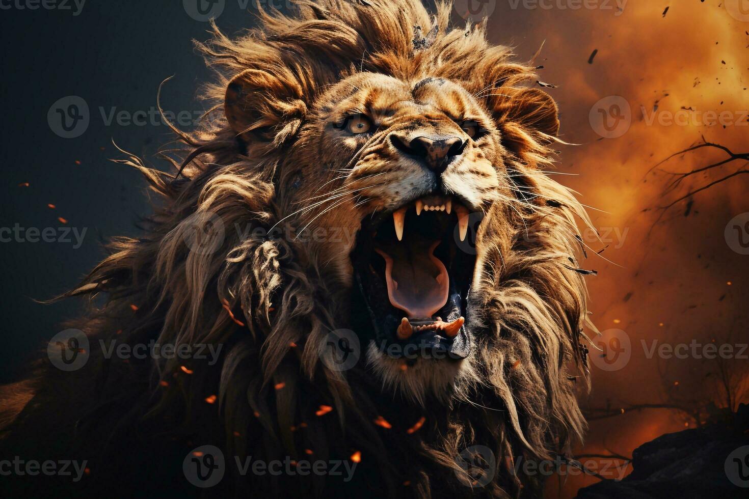 Porträt von ein männlich aggressiv Löwe mit groß Mähne im das Hintergrund generativ ai foto