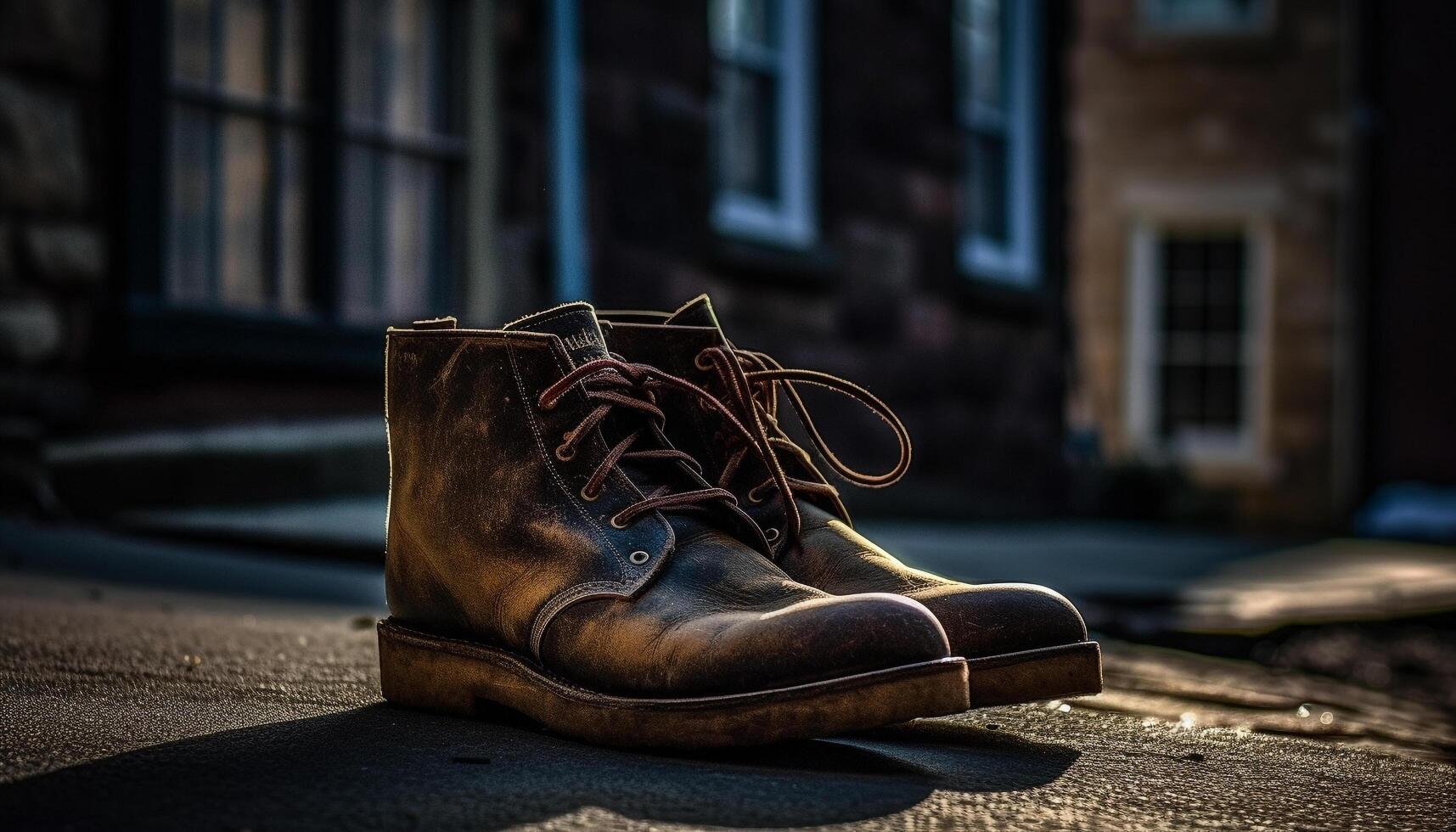 alt, schmutzig Männer im alt gestaltet Leder Schuhe Gehen im das Stadt generiert durch ai foto