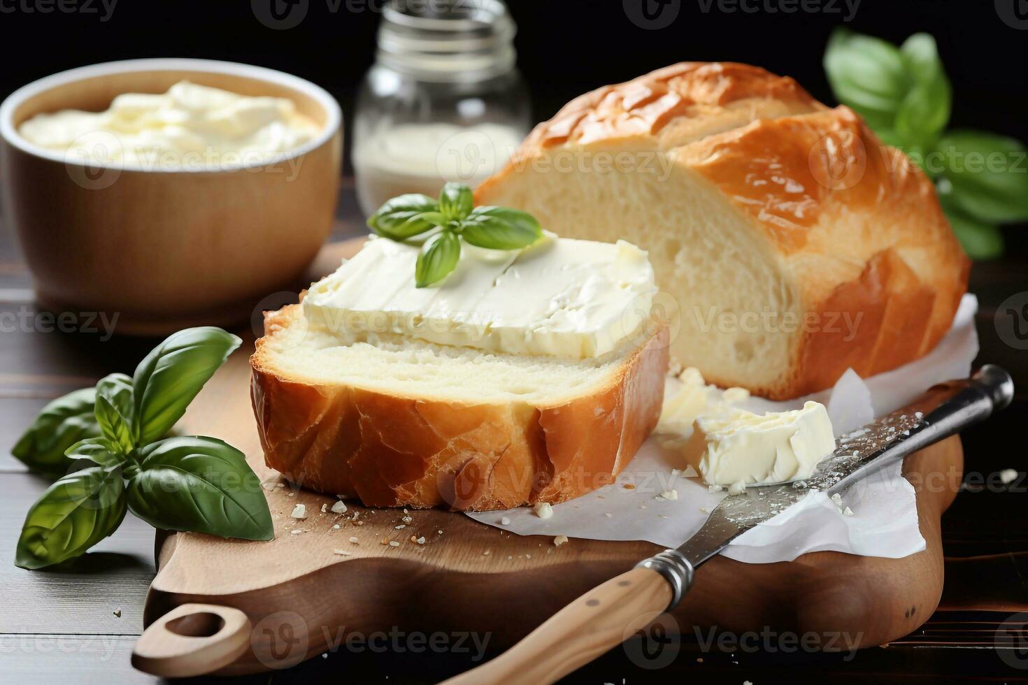 Molkerei Infusion Aussicht von Sahne Käse Milch Brot generativ ai foto