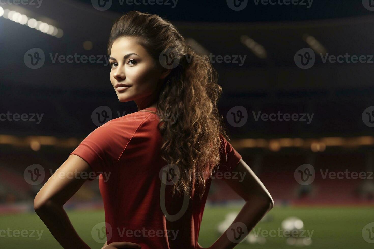 Tonhöhe Perfektion Frau Fußball Sterne Meisterschaft mit das berühren von generativ ai foto