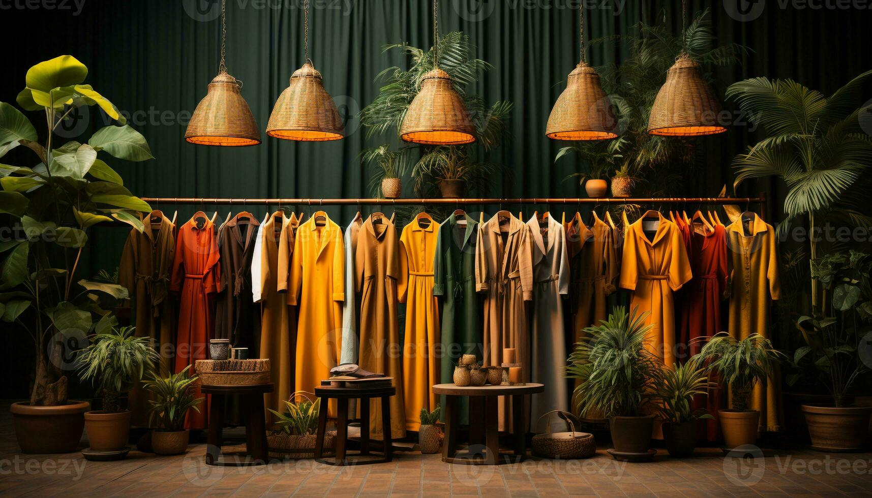 Mode Sammlung hängend auf Kleiderbügel im ein modern Verkauf Geschäft generiert durch ai foto