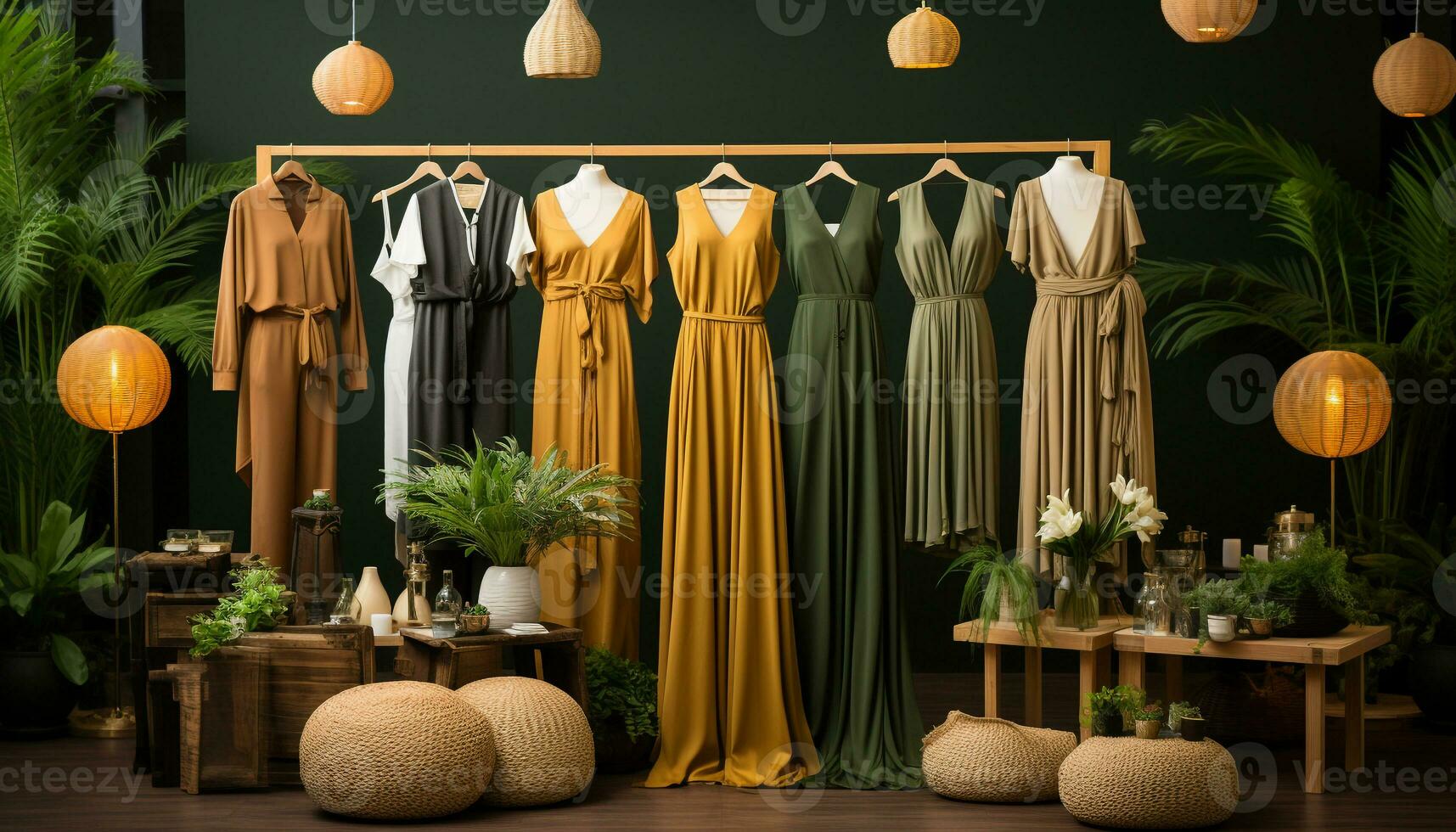 modisch Kleidung Sammlung hängend im ein modern Boutique, beleuchtet mit Eleganz generiert durch ai foto