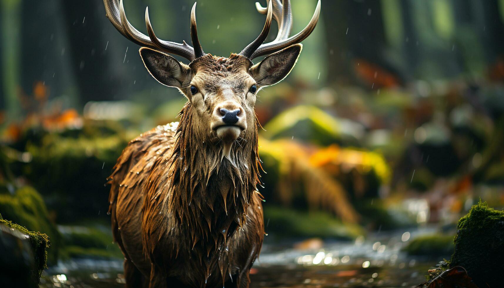 süß Hirsch im das Wald, suchen beim Kamera, Herbst Jahreszeit generiert durch ai foto