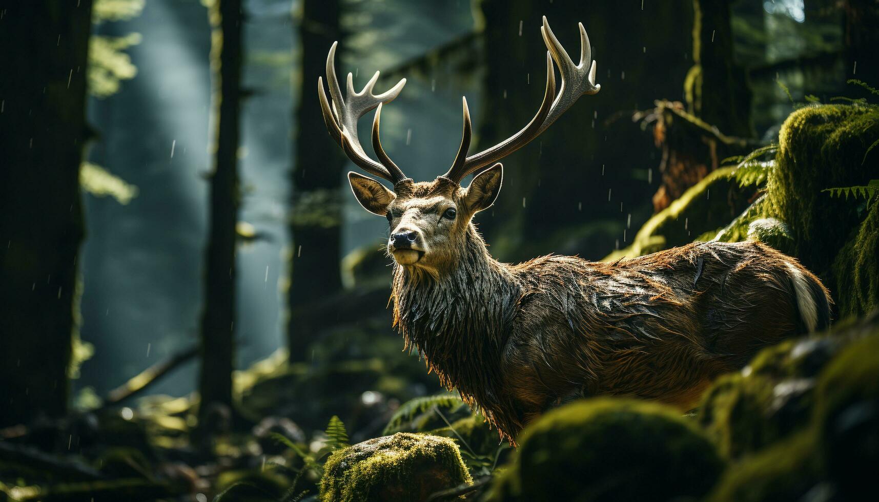 ein majestätisch Hirsch steht im das schneebedeckt Wald, ausströmend Ruhe generiert durch ai foto