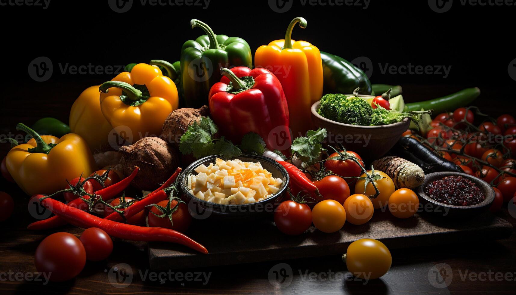 Frische und Vielfalt auf ein hölzern Tabelle gesund, organisch, Vegetarier Mahlzeit generiert durch ai foto