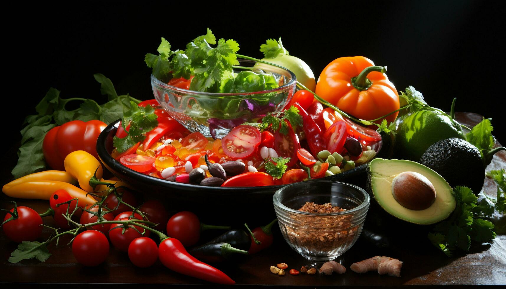 Frische und Vielfalt auf ein hölzern Tabelle Tomate, Gemüse, Salat, Avocado, Pfeffer, Zwiebel, Blatt, Gurke, Petersilie, Karotte generiert durch ai foto