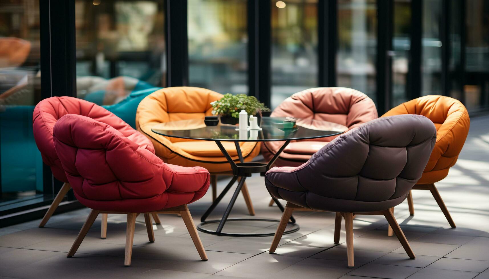 komfortabel Sitzplätze, modern Dekor, Glas die Architektur, Entspannung im ein Geschäft Rahmen generiert durch ai foto