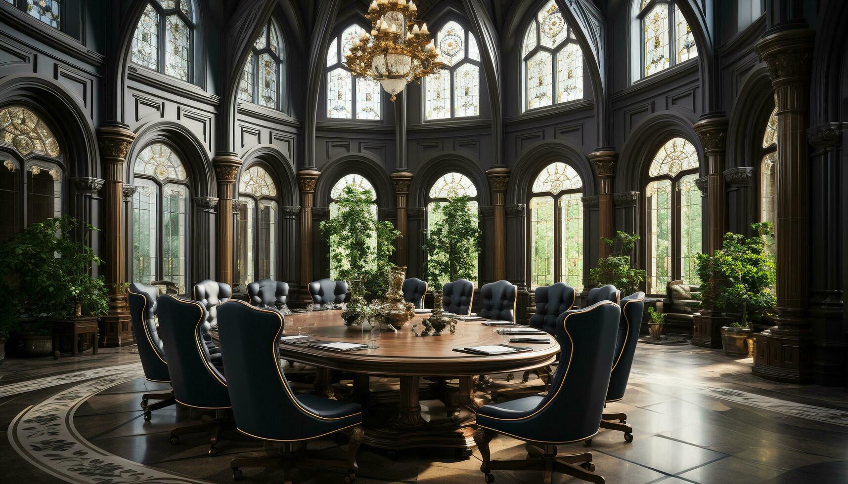 modern die Architektur Mischungen mit Spiritualität im diese elegant, beleuchtet Essen Zimmer generiert durch ai foto