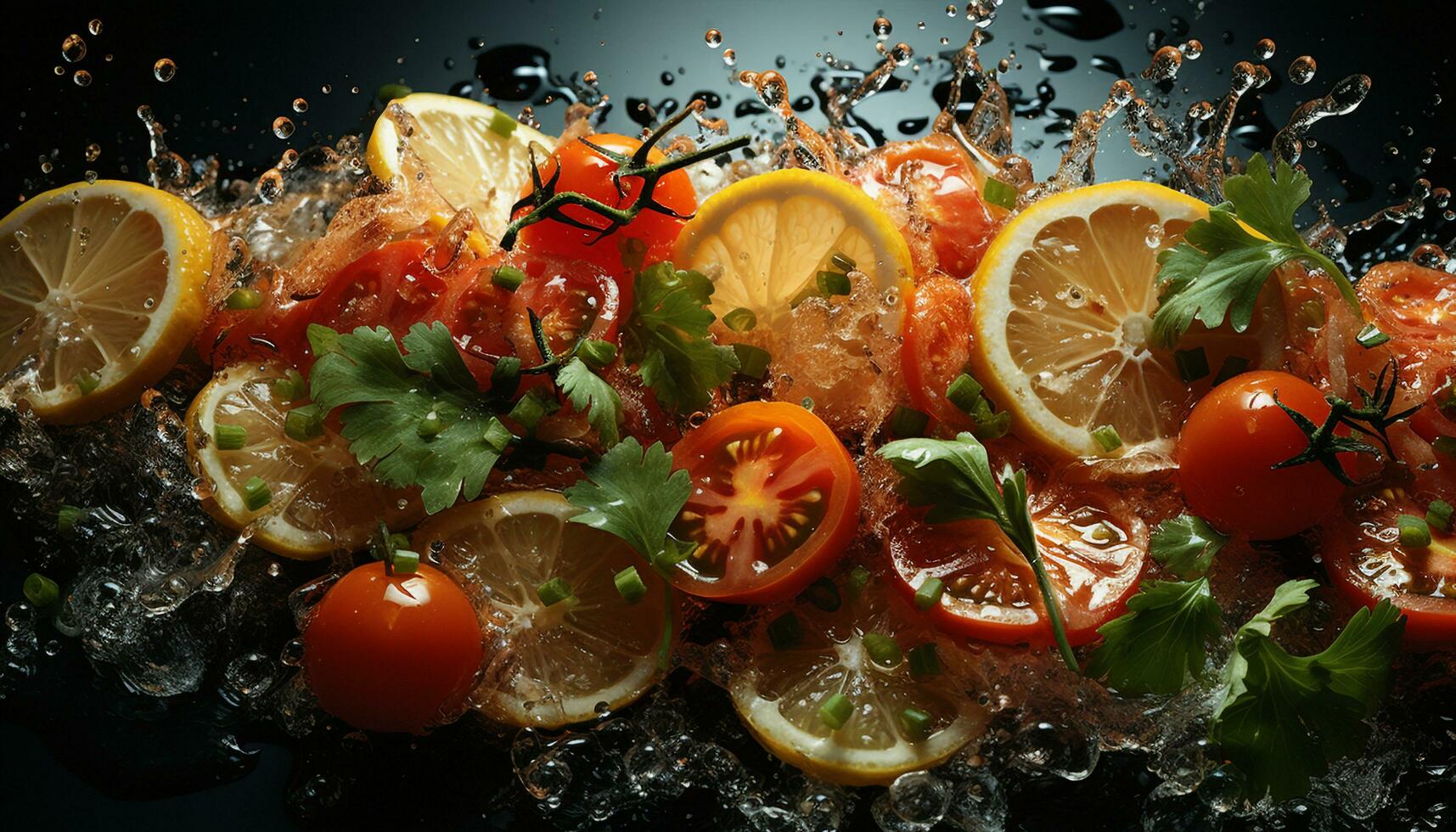 Frische von Tomate, Zitrone Scheibe, Gourmet Meeresfrüchte Salat, organisch gegrillt Fisch generiert durch ai foto