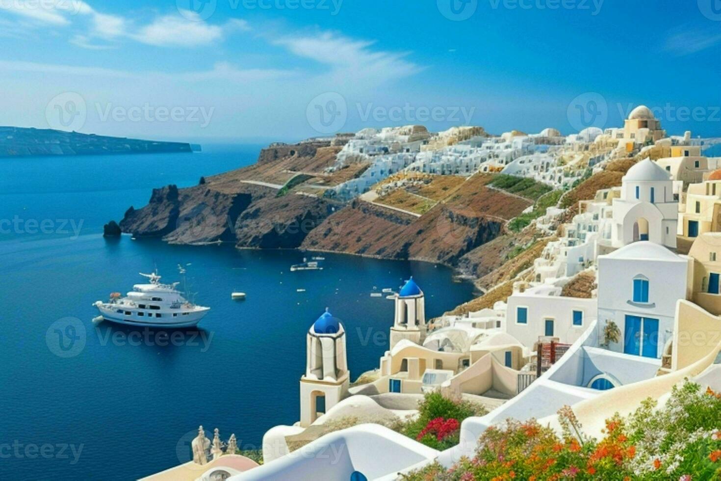 Landschaft Mittelmeer Santorini Insel, Griechenland . ai generativ Profi Foto