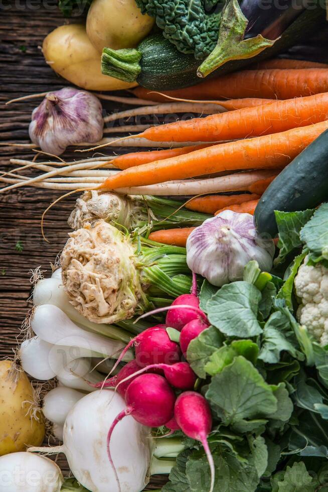 Sortiment von frisch Gemüse. Karotte Knoblauch Kohlrabi Zwiebel Sellerie Gurke Pastinake und Rettich auf Tisch. foto