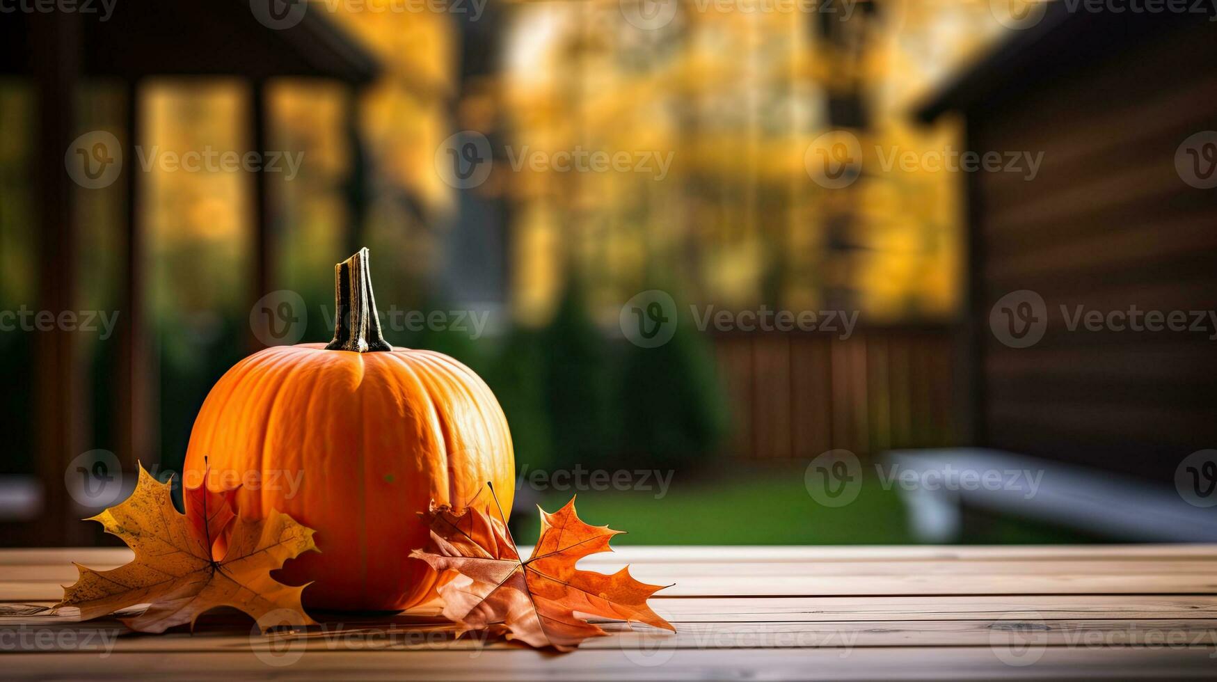 Porträt Kürbis mit Herbst Blatt auf das Tabelle ai generativ foto