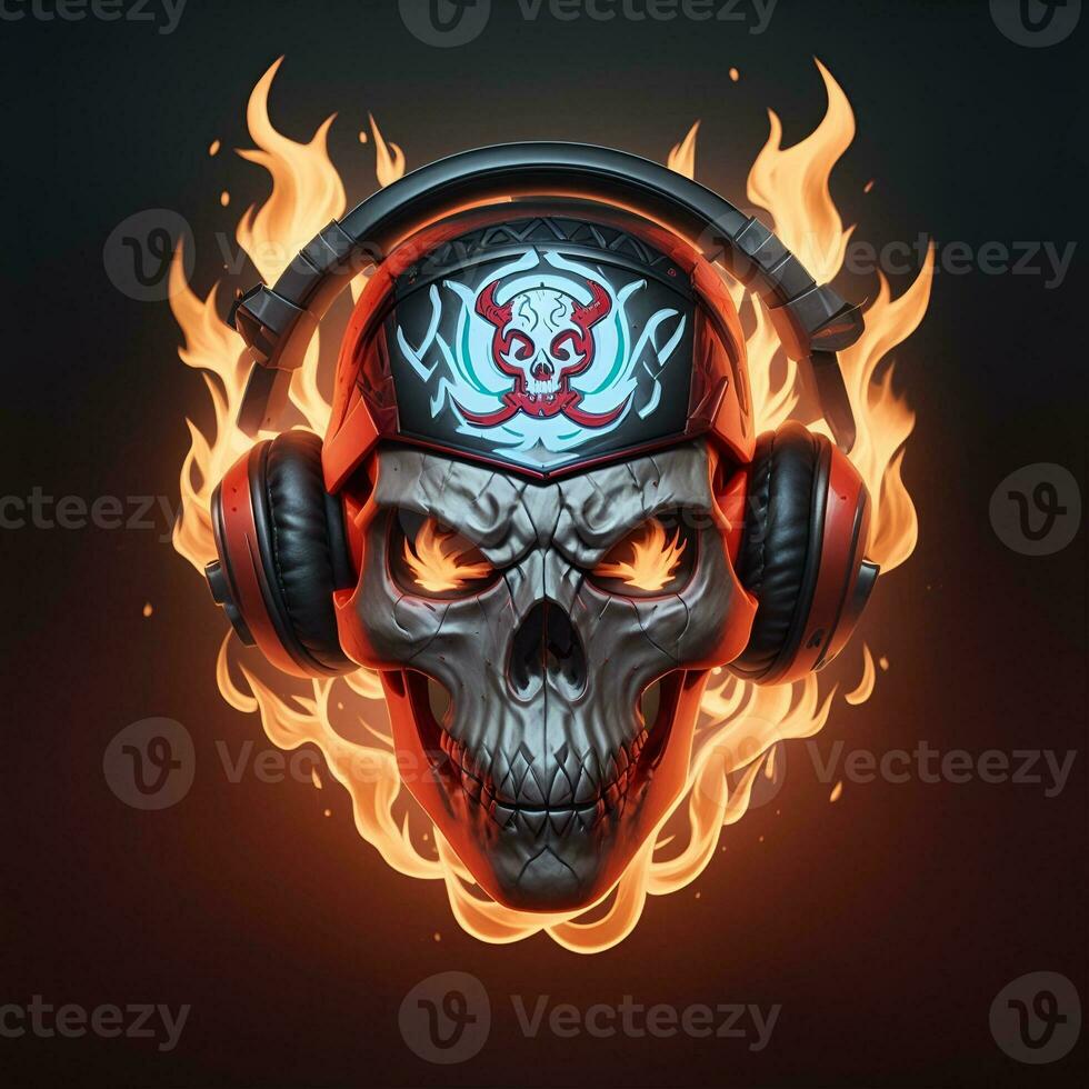 Feuer Schädel Kopf tragen Spieler Kopf Satz, Esport Spielen Maskottchen und Logo, ai generiert foto