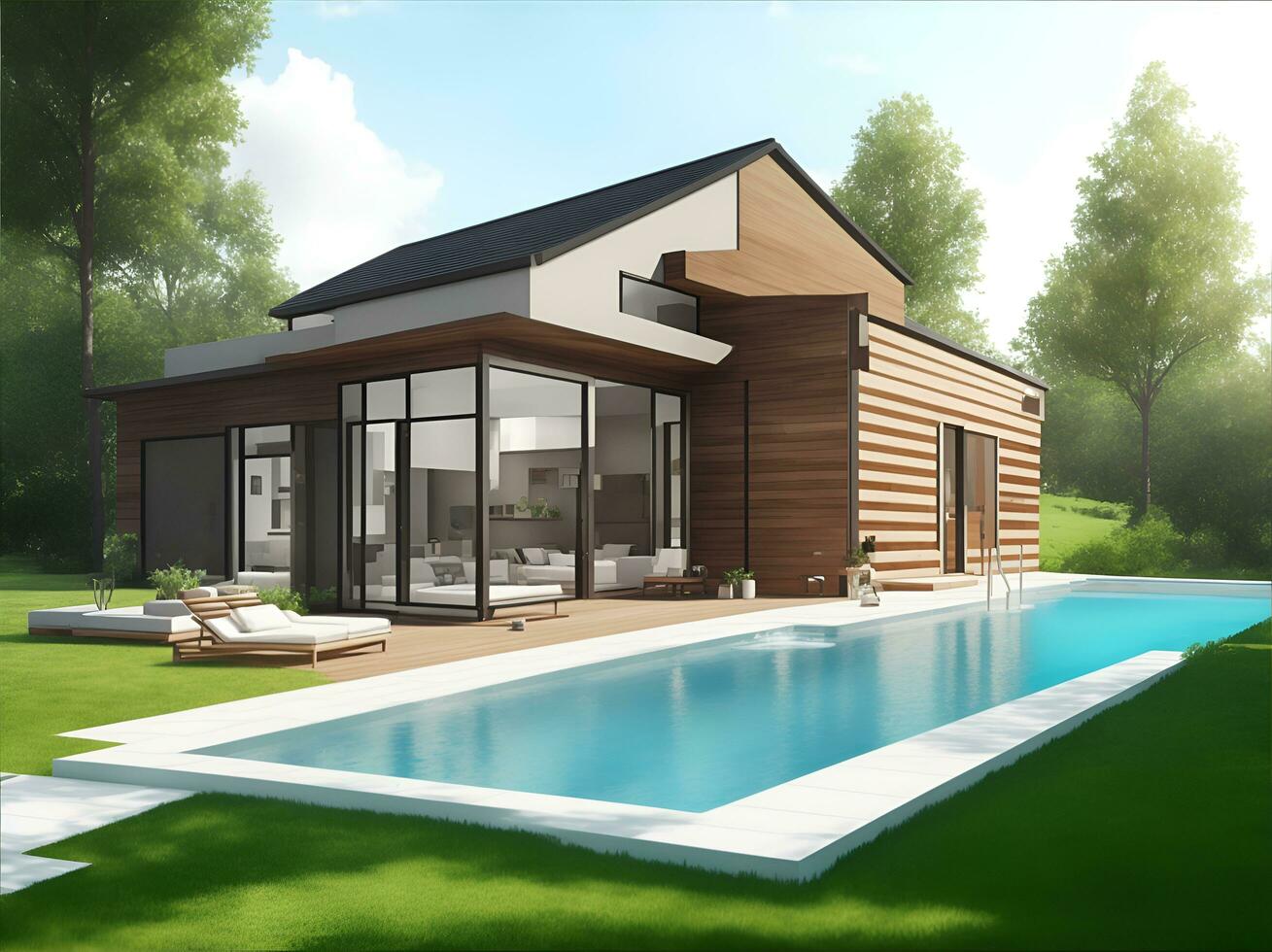 realistisch 3d architektonisch Projekt von ein klein Haus mit ein Schwimmen Schwimmbad mit Hydromassage, ai generiert foto