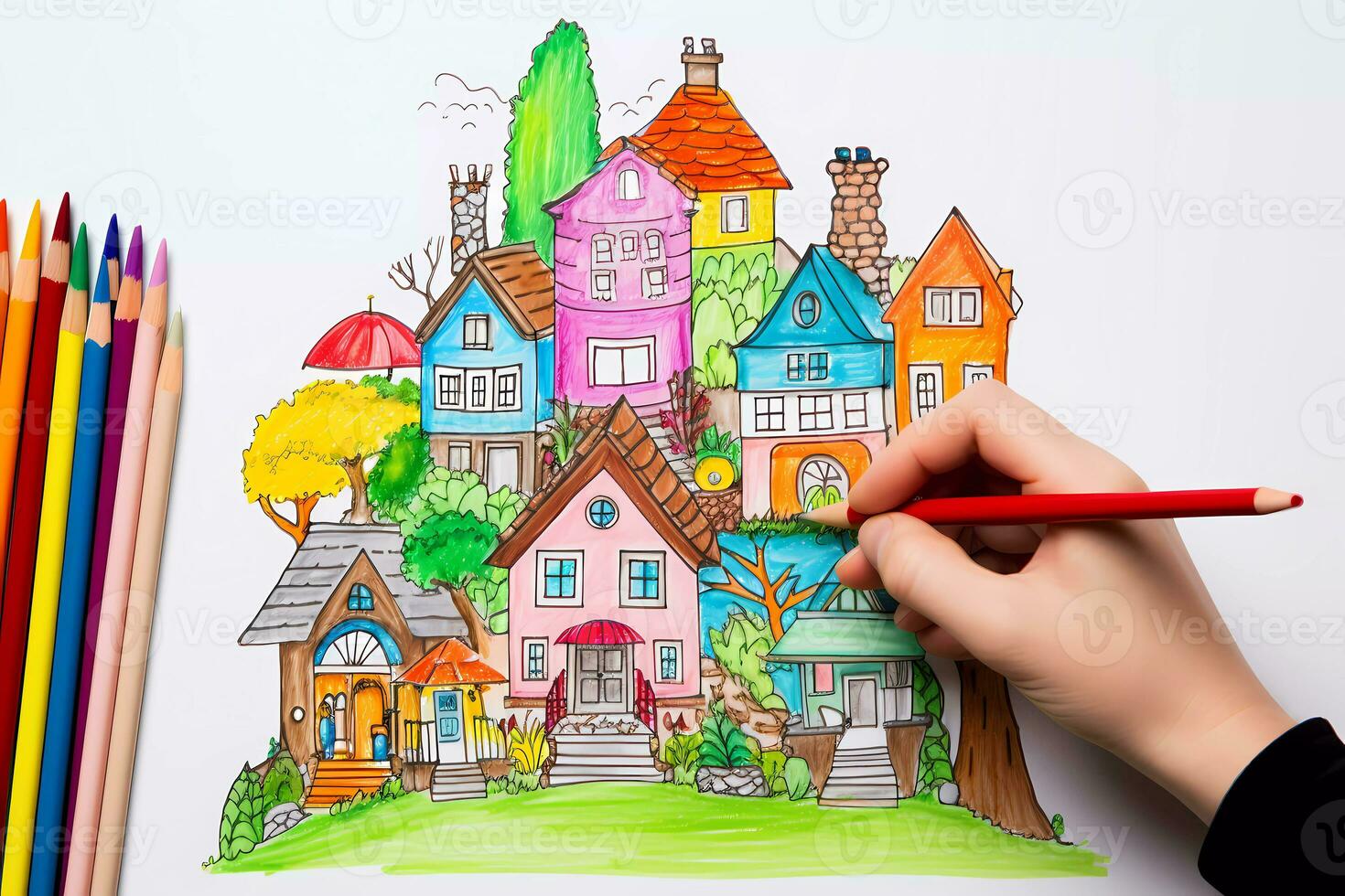 ai generativ Hände Zeichnung Familie und Haus mit farbig Bleistifte. kreativ Aktivität zum Kinder. Kind Zeichnung. foto