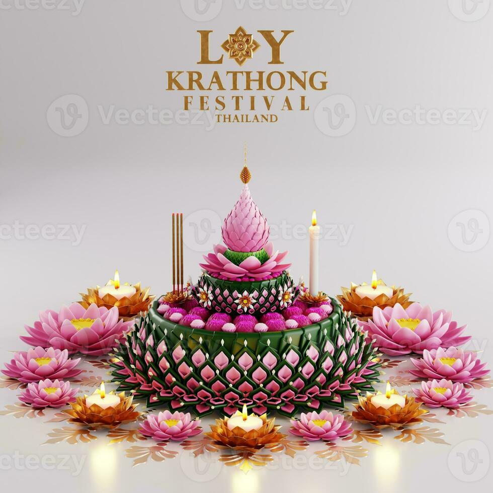 3d Rendern Illustration loy Krathong Festival und yi peng Festival im Thailand Krathong von Banane Blätter, Blumen, Kerzen und Weihrauch Stöcke, Vollmond, Fluss, und Nacht Hintergrund Farbe. foto