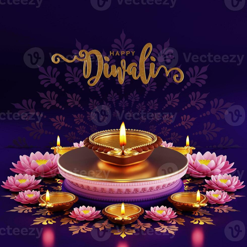 3d Rendern zum Diwali Festival Diwali, Deepavali oder Dipavali das Festival von Beleuchtung Indien mit Gold Diya gemustert auf Farbe Hintergrund. foto