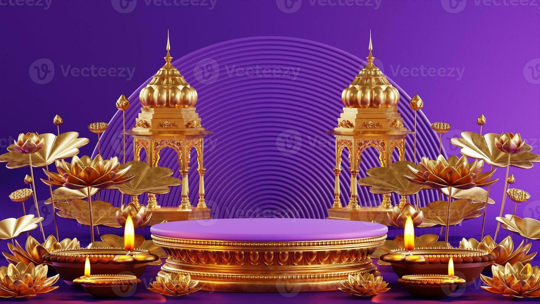 3d Rendern Podium zum Diwali Festival Diwali, Deepavali oder Dipavali das Festival von Beleuchtung Indien mit Gold Diya auf Podium, Produkt, Beförderung Verkauf, Präsentation Sockel 3d Rendern auf Hintergrund foto