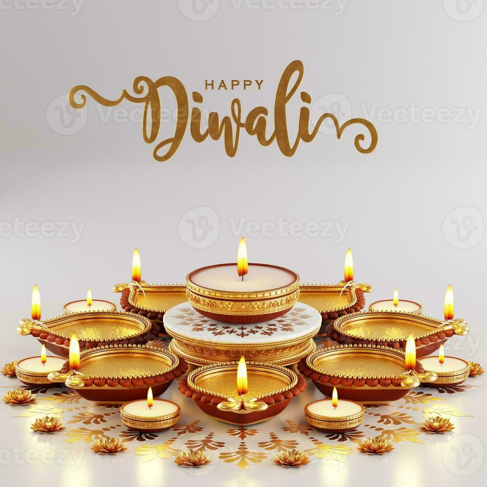 3d Rendern zum Diwali Festival Diwali, Deepavali oder Dipavali das Festival von Beleuchtung Indien mit Gold Diya gemustert auf Farbe Hintergrund. foto